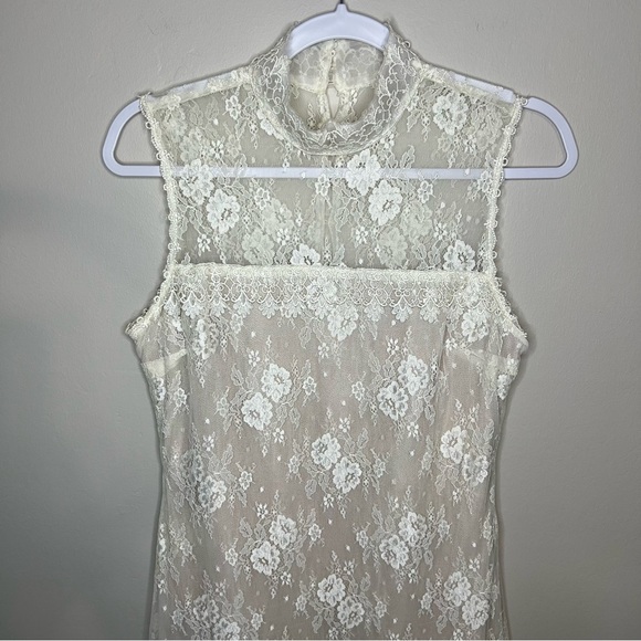 NWT Vintage Jessica McClintock Cream High Neck Lace Knee Length Dress size 10 - Picture 2 of 11